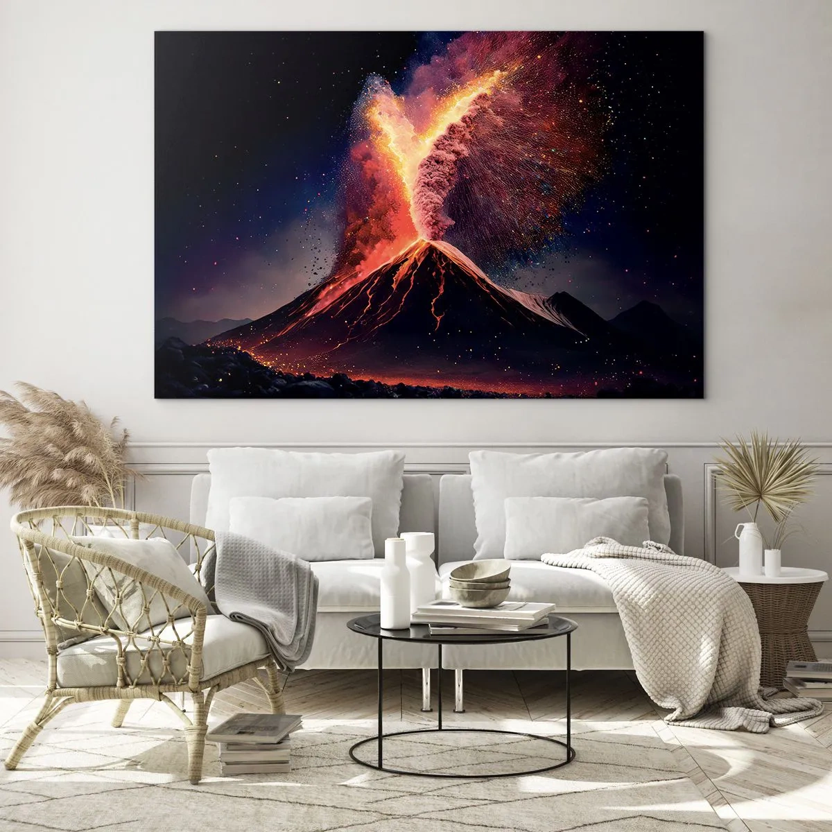 Schilderen op glas - Een uitbarstende vulkaan met lava en een kleurrijke stofwolk - 70x50cm - Schoonheid en verschrikking - Moderne wanddecoratie voor woonkamer en slaapkamer ARTTOR