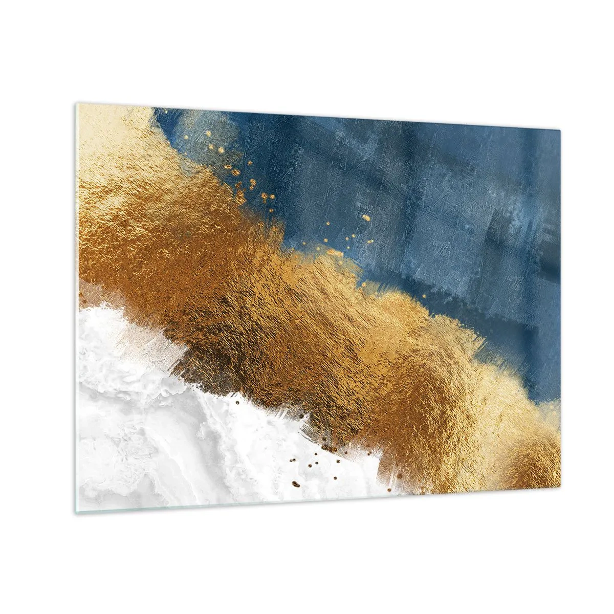 Schilderen op glas - Gouden verfstreken op een marineblauwe en witte achtergrond - 70x50cm - De kleuren van de zomer - Moderne wanddecoratie voor woonkamer en slaapkamer ARTTOR