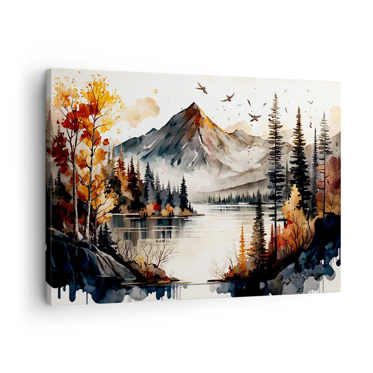 Schilderen op canvas - Herfstberglandschap met een meer en bomen in aquarel - 70x50cm - Gouden herfst in de bergen - Moderne wanddecoratie voor woonkamer en slaapkamer ARTTOR
