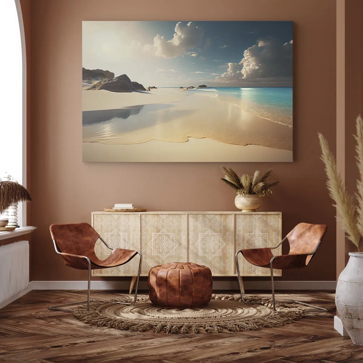 Schilderen op canvas - Een zonnig strand met blauwe zee en rotsen - 70x50cm - Een droomdag - Moderne wanddecoratie voor woonkamer en slaapkamer ARTTOR