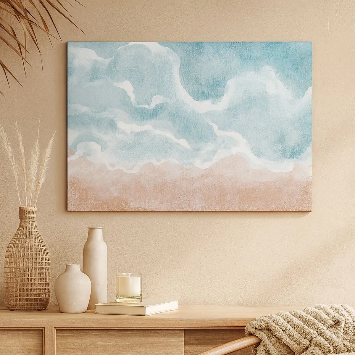 Schilderen op canvas - Abstract strand met golven in tinten blauw en beige - 70x50cm - Wolkenabstractie - Moderne wanddecoratie voor woonkamer en slaapkamer ARTTOR