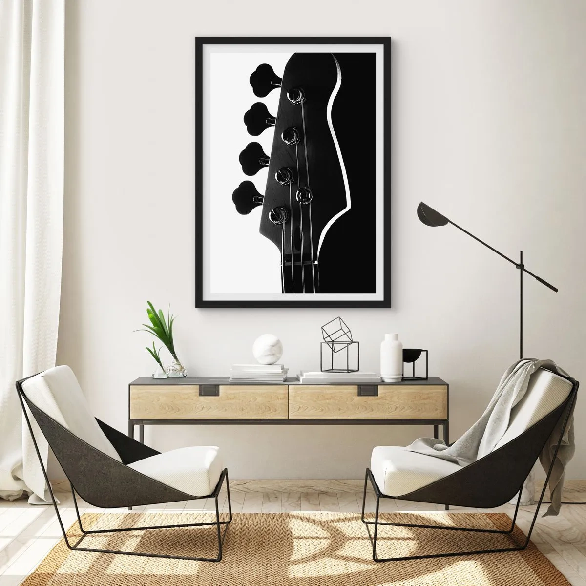 Poster in een zwarte lijst - Een minimalistisch zwart-wit muziekthema met een elektrische gitaar. - 50x70cm - Rock stilte - Moderne wanddecoratie voor woonkamer en slaapkamer ARTTOR