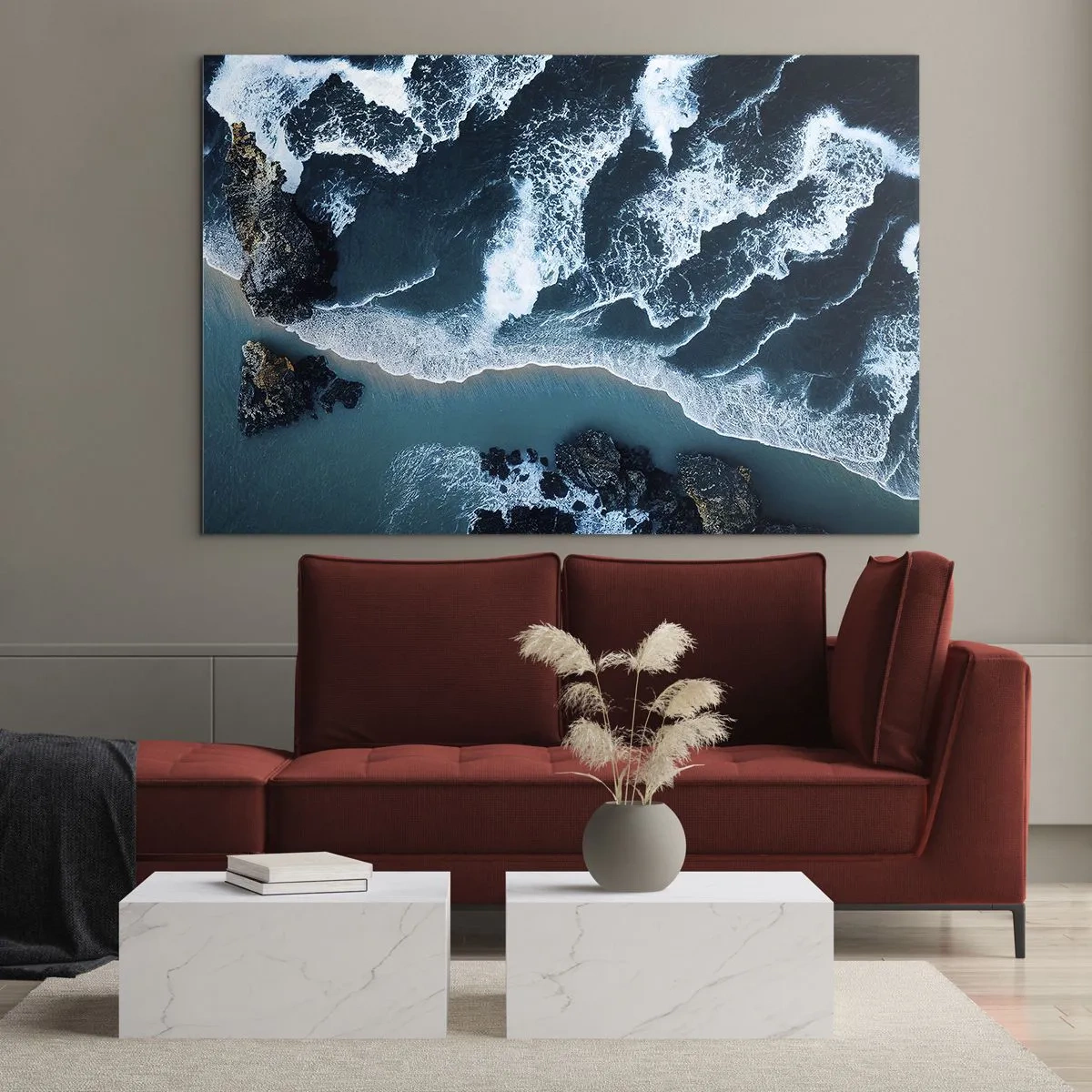 Schilderen op glas - Zee golven die tegen de rotsachtige kust beuken - 70x50cm - In golven gewikkeld - Moderne wanddecoratie voor woonkamer en slaapkamer ARTTOR