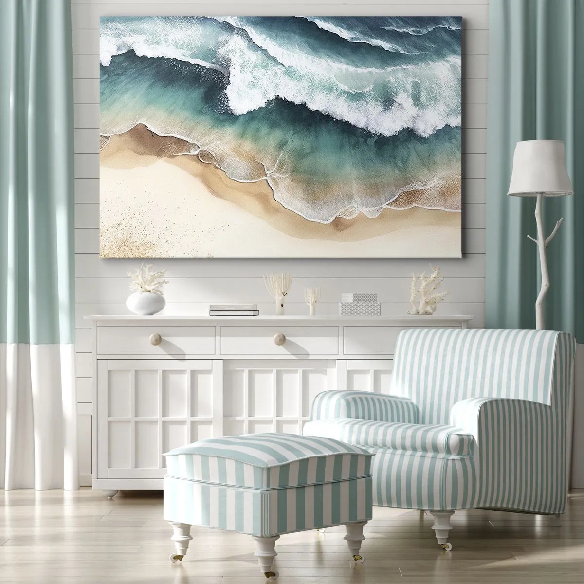 Schilderen op canvas - Uitzicht op het strand en de zeegolven in turquoise tinten - 70x50cm - De eeuwige ontmoeting - Moderne wanddecoratie voor woonkamer en slaapkamer ARTTOR