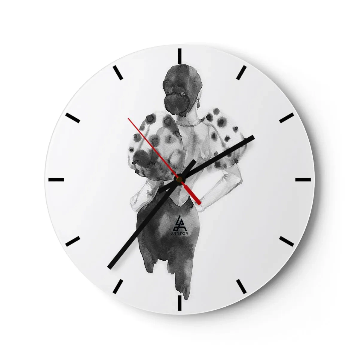 Wandklok - Klok - Zwart-witillustratie van een vrouw in een elegante jurk - 30x30cm - Ze kwam langs - Moderne wanddecoratie voor woonkamer, keuken en slaapkamer ARTTOR