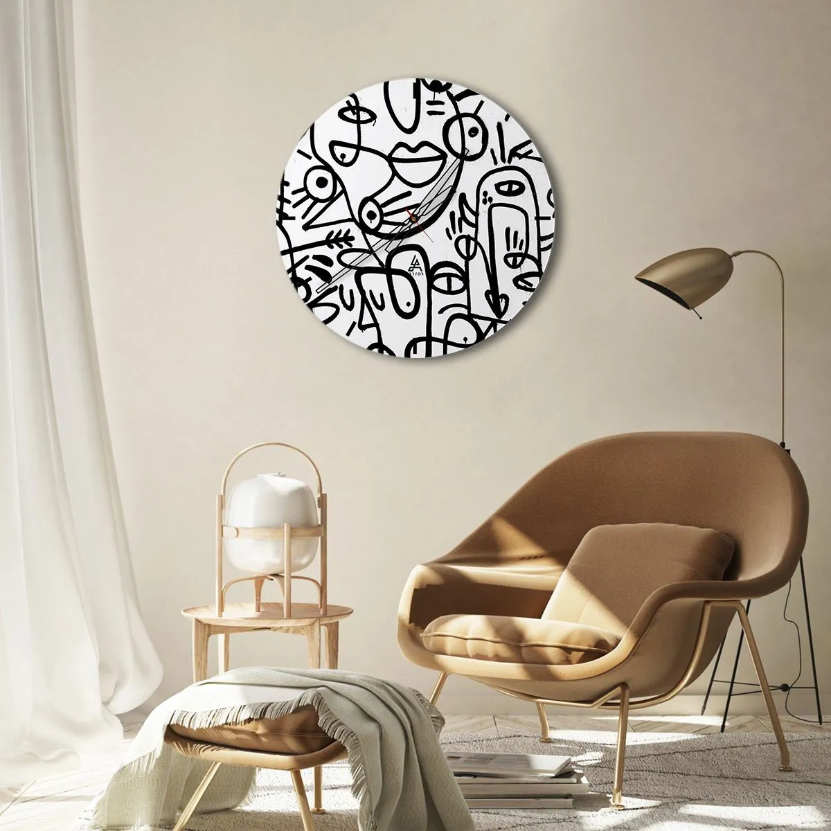 Wandklok - Klok - Abstracte lijntekeningen op een witte achtergrond - 30x30cm - Gezichten en luchtspiegelingen - Moderne wanddecoratie voor woonkamer, keuken en slaapkamer ARTTOR