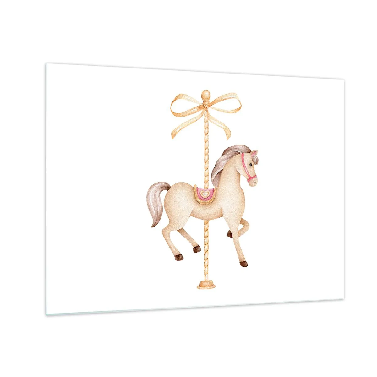 Schilderen op glas - Beige draaimolenpaard met strik op witte achtergrond - 70x50cm - Een sierlijke draf - Moderne wanddecoratie voor woonkamer en slaapkamer ARTTOR