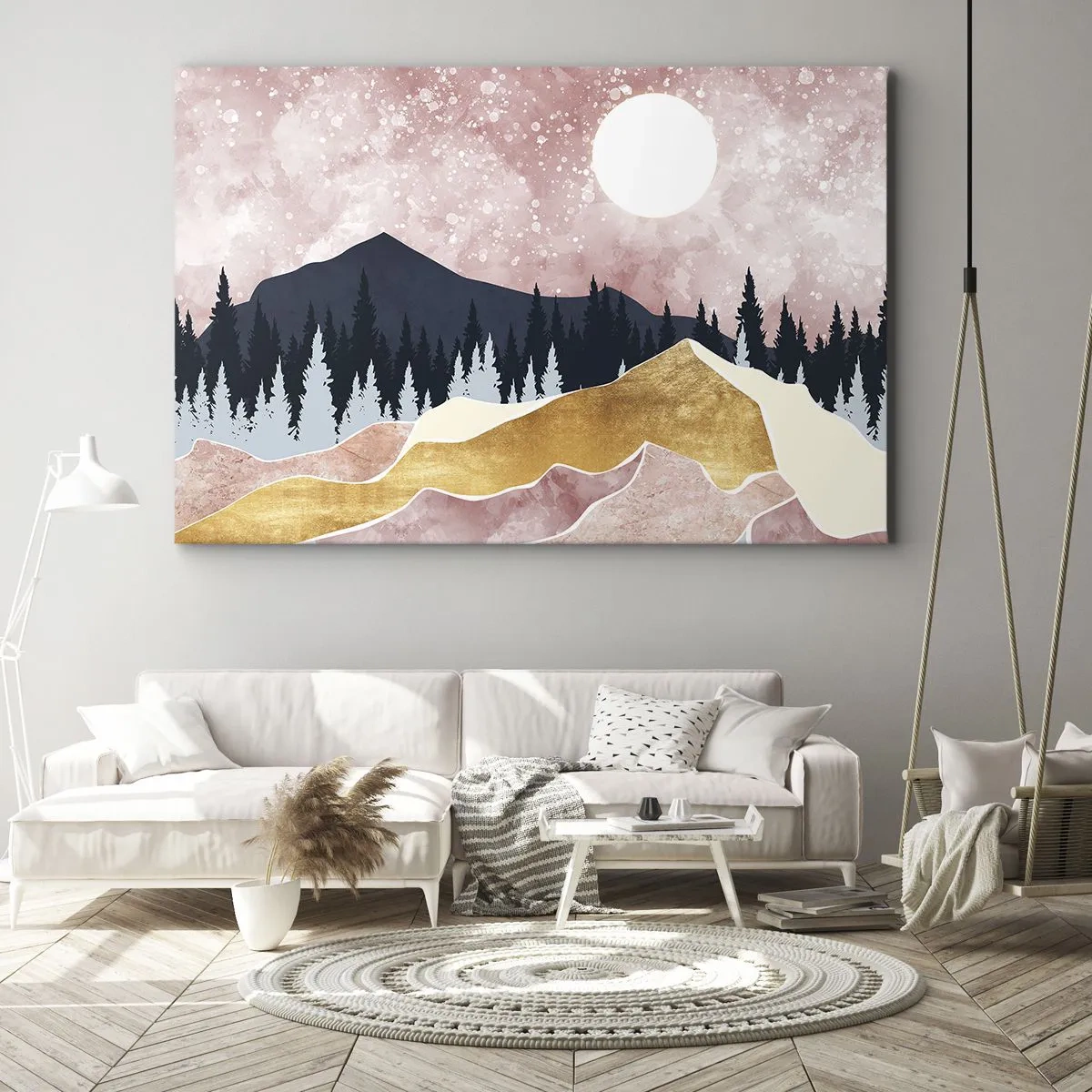 Schilderen op canvas - Kleurrijke bergen tegen een roze lucht met een maan - 70x50cm - Nachtwacht - Moderne wanddecoratie voor woonkamer en slaapkamer ARTTOR