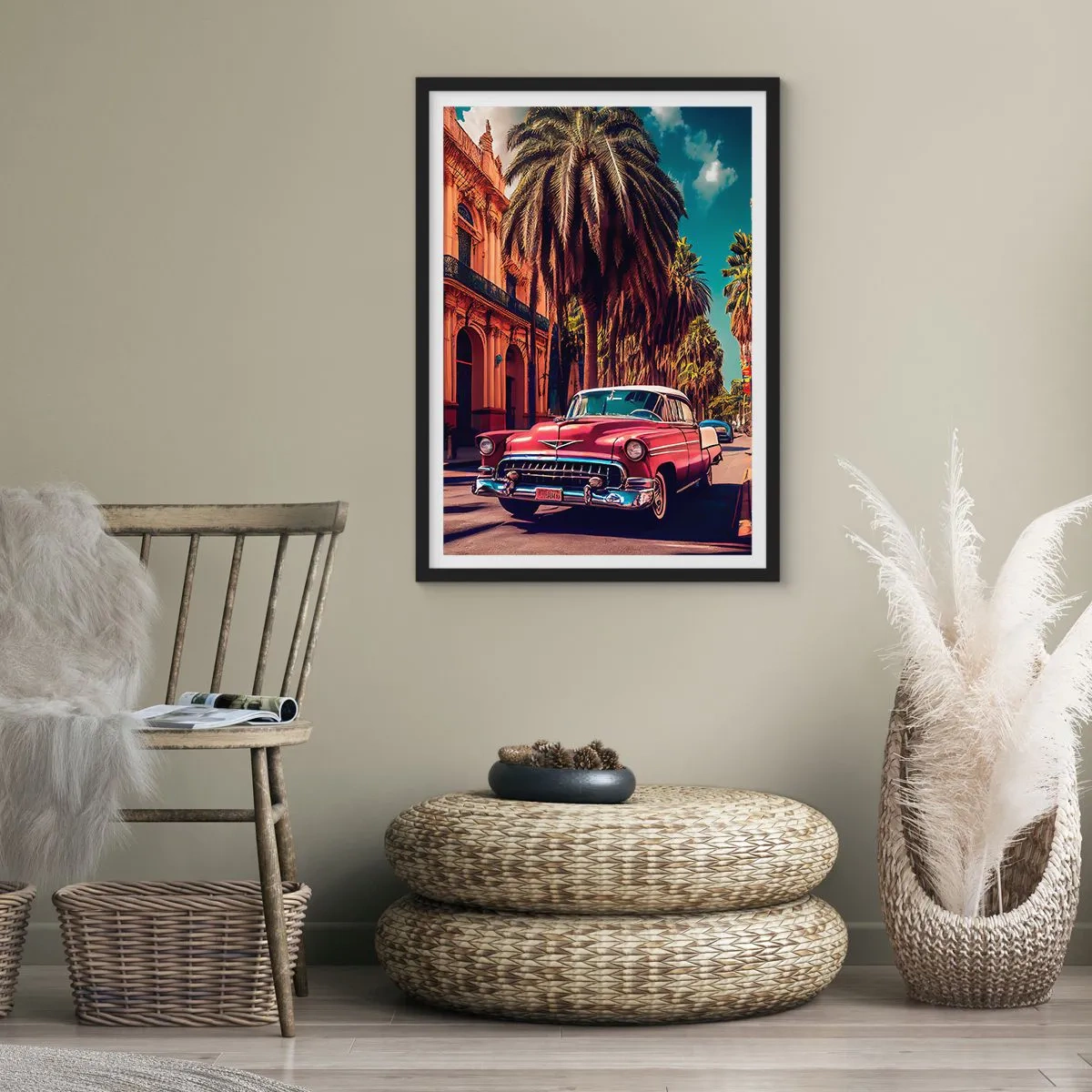 Poster in een zwarte lijst - Een klassieke auto tegen de achtergrond van een tropische stad - 50x70cm - Nog steeds in Havanna - Moderne wanddecoratie voor woonkamer en slaapkamer ARTTOR