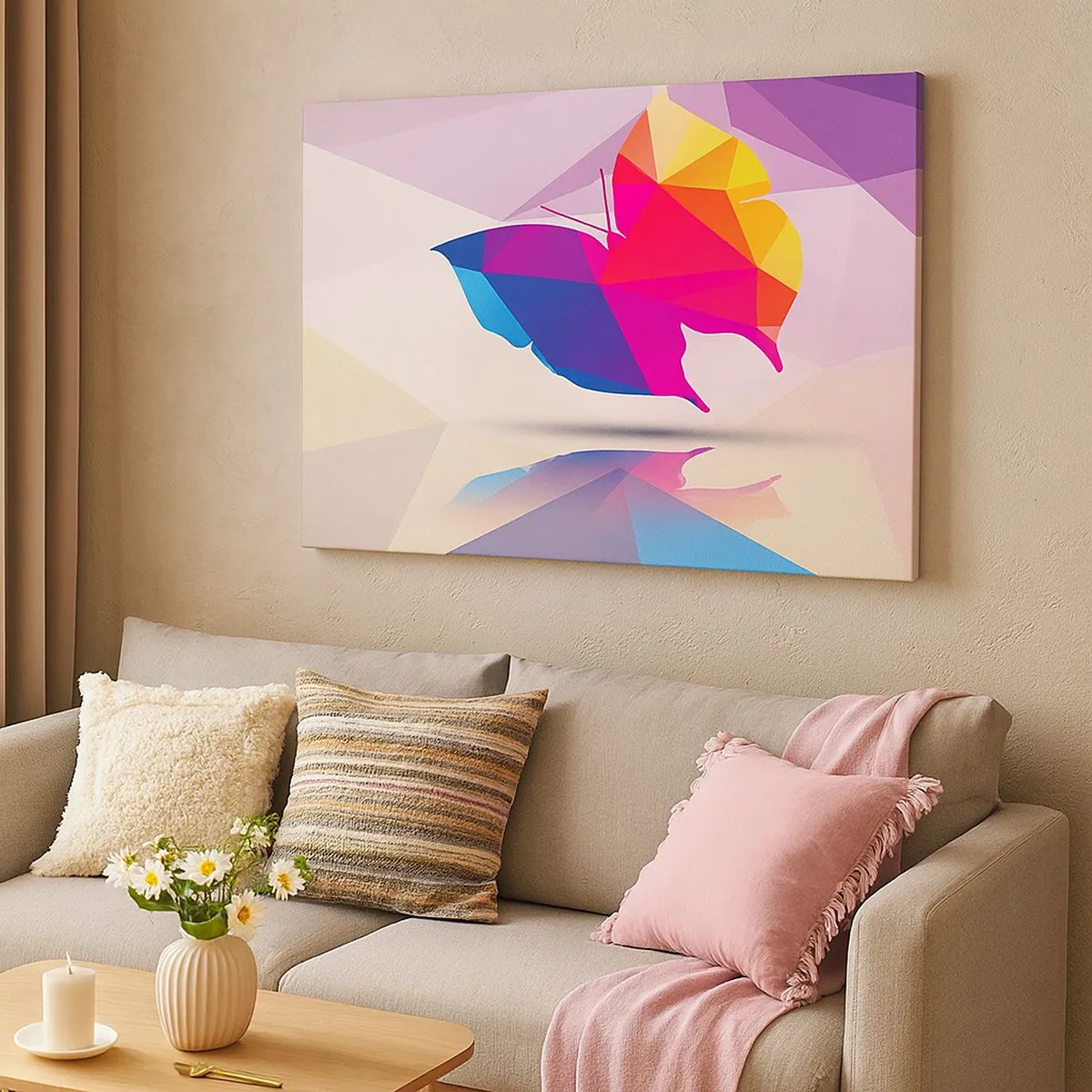 Schilderen op canvas - Geometrisch vlindersilhouet in levendige kleuren - 70x50cm - Vlinder regenboog - Moderne wanddecoratie voor woonkamer en slaapkamer ARTTOR