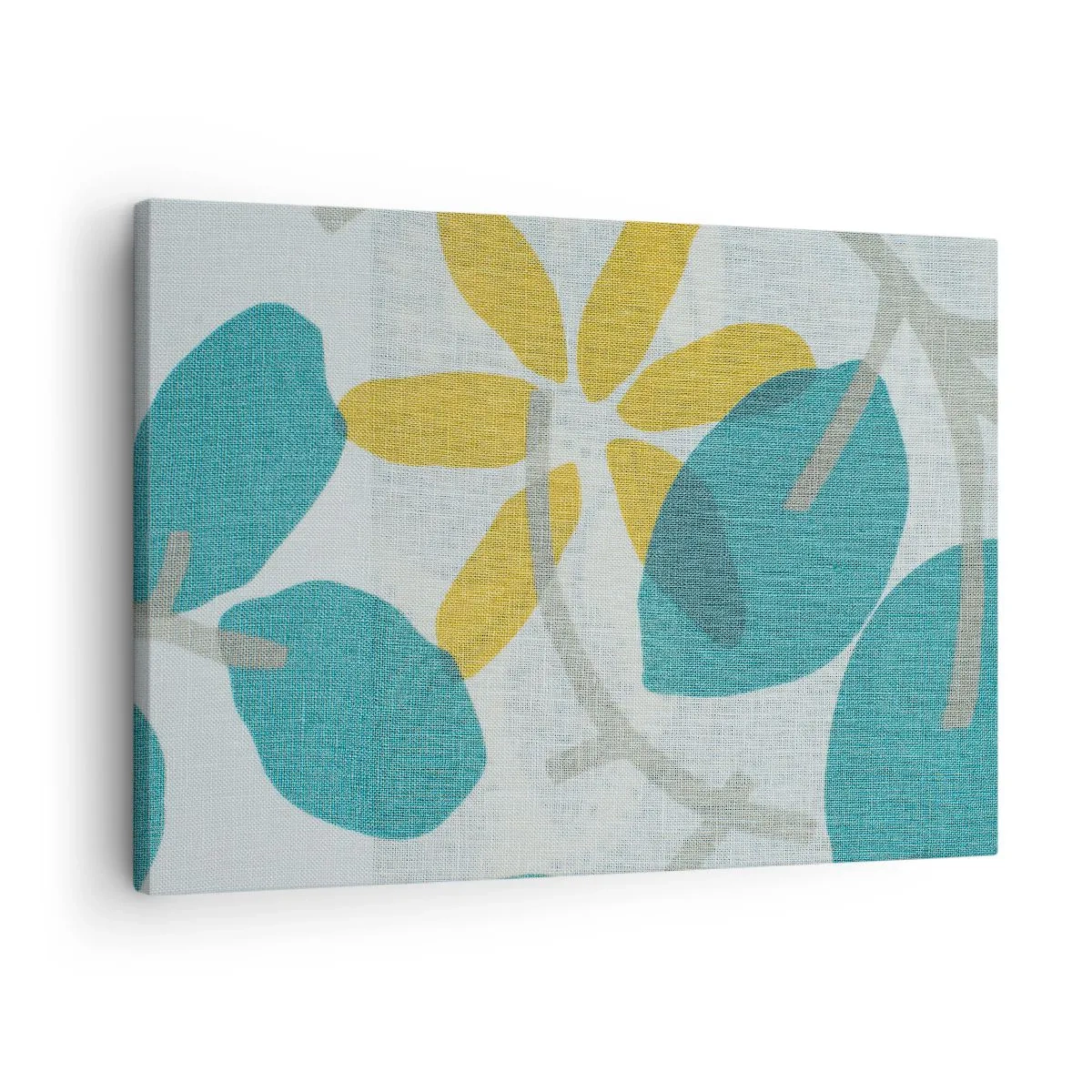 Schilderen op canvas - Bladeren in tinten turquoise en geel op een lichte achtergrond - 70x50cm - Tussen de azuurblauwe bladeren - Moderne wanddecoratie voor woonkamer en slaapkamer ARTTOR