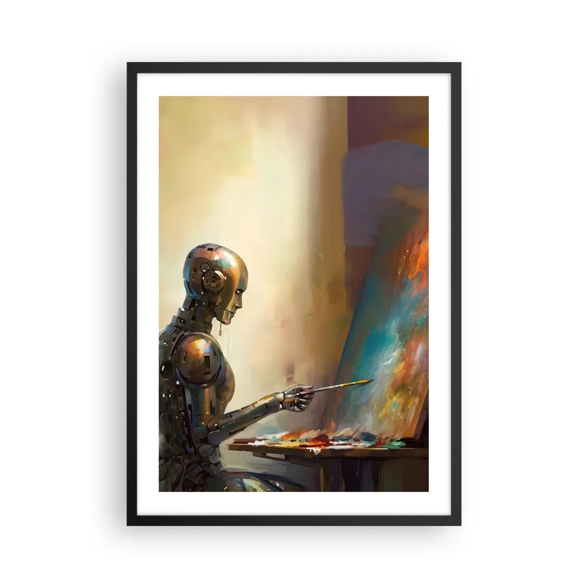 Poster in een zwarte lijst - Robotschilder aan een ezel in futuristische stijl - 50x70cm - De kunst van de toekomst - Moderne wanddecoratie voor woonkamer en slaapkamer ARTTOR