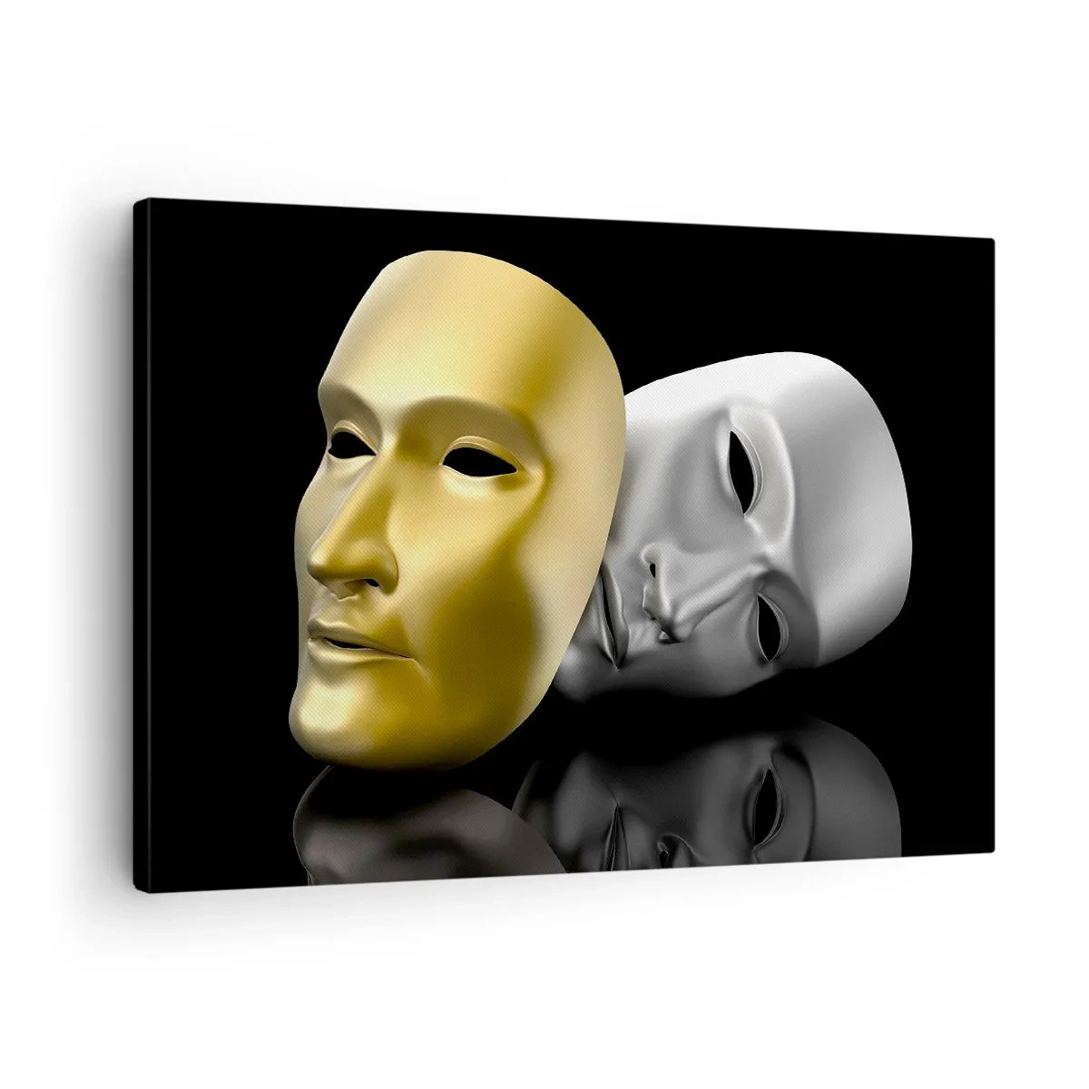 Schilderen op canvas - Goud en zilveren masker op een zwarte achtergrond - 70x50cm - Het leven is theater - Moderne wanddecoratie voor woonkamer en slaapkamer ARTTOR