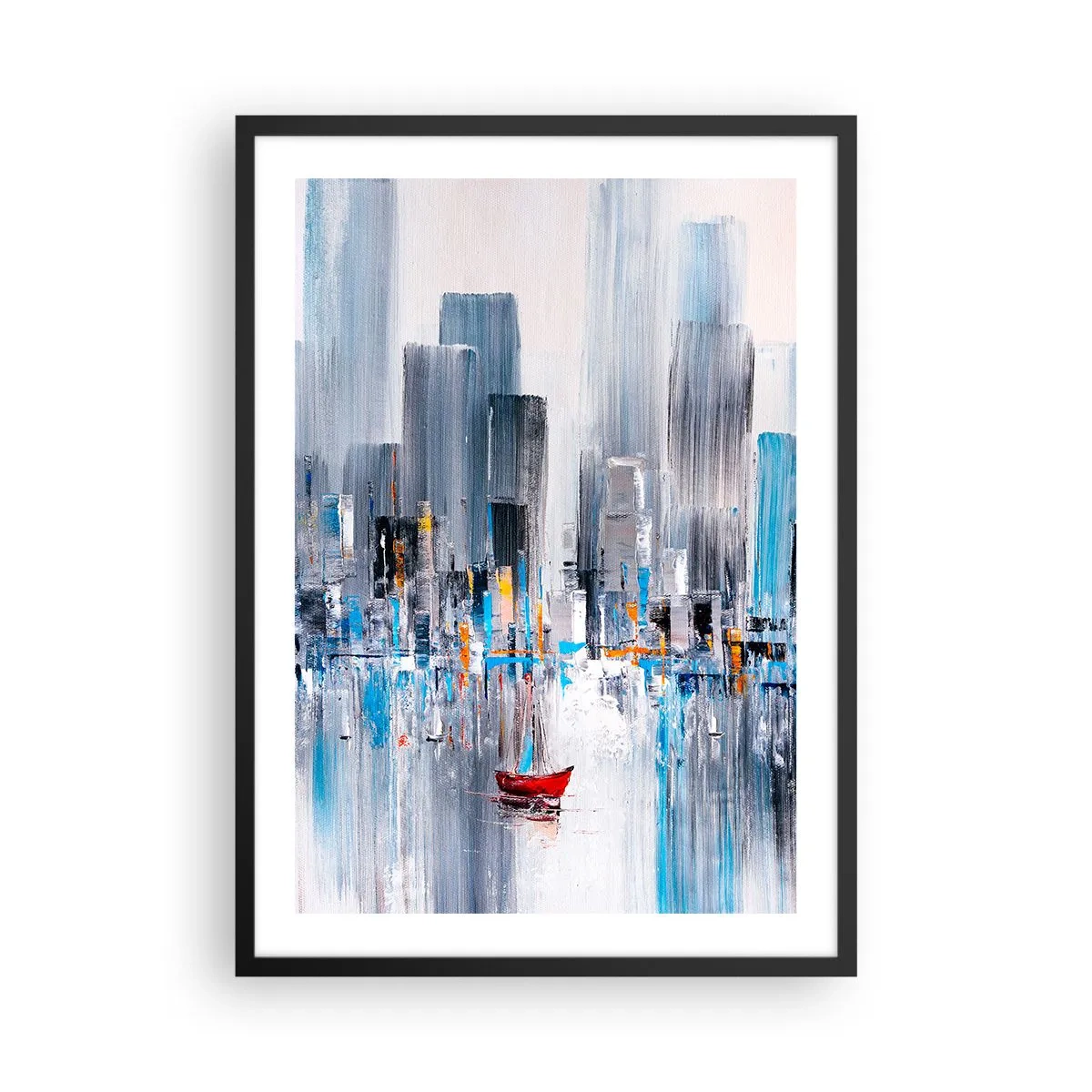 Poster in een zwarte lijst - Een abstract schilderij van een stadsgezicht boven het water met een rode boot. - 50x70cm - Een metropool aan de baai - Moderne wanddecoratie voor woonkamer en slaapkamer ARTTOR