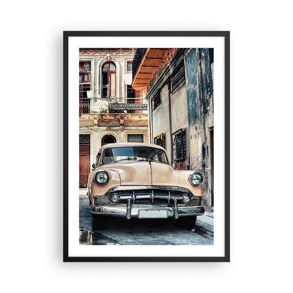 Poster in een zwarte lijst - Een klassieke auto in een retro-stedelijke omgeving - 50x70cm - De siësta in Havana - Moderne wanddecoratie voor woonkamer en slaapkamer ARTTOR