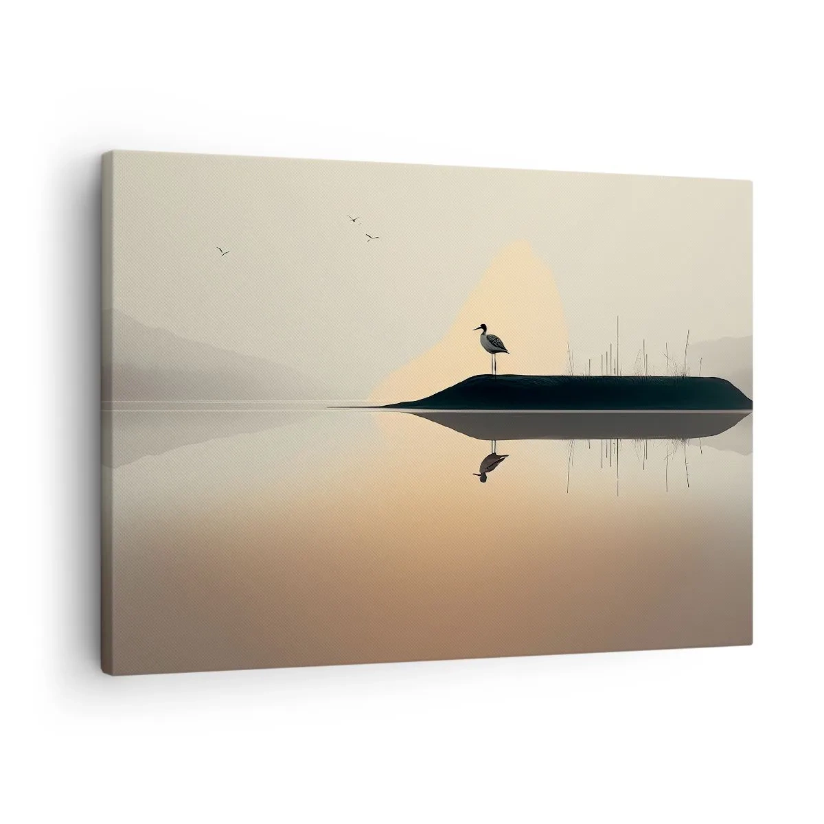 Schilderen op canvas - Een vogel op een eiland in een kalm meer met warme tinten - 70x50cm - Heer op het meer - Moderne wanddecoratie voor woonkamer en slaapkamer ARTTOR