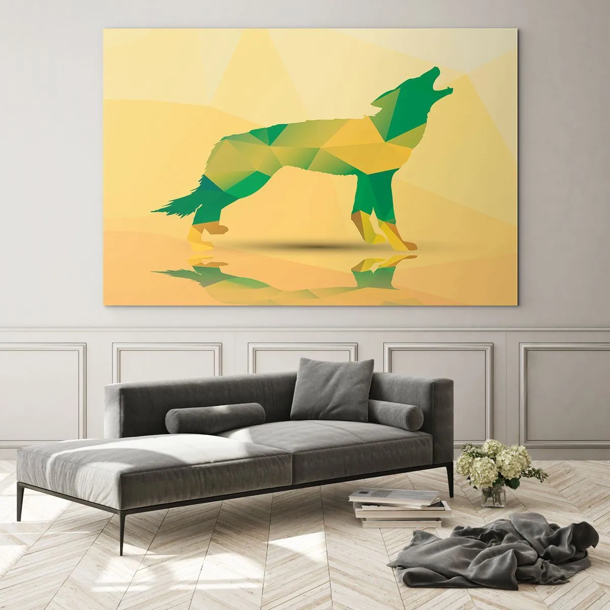 Schilderen op glas - Geometrische wolf in kleurrijke abstractie - 70x50cm - Een eenzame wolf - Moderne wanddecoratie voor woonkamer en slaapkamer ARTTOR