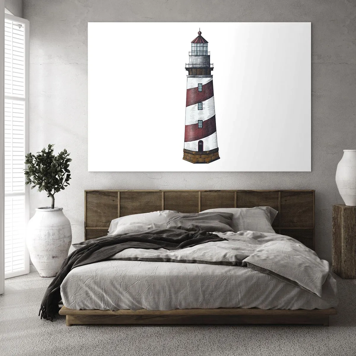 Schilderen op glas - Rode en witte vuurtoren op een witte achtergrond - 70x50cm - Altijd op zijn hoede - Moderne wanddecoratie voor woonkamer en slaapkamer ARTTOR
