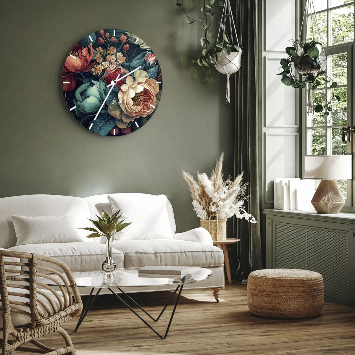 Wandklok - Klok - Bloemenpatroon met grote pastel- en bordeauxrode bloemen - 30x30cm - 19e-eeuwse charme - Moderne wanddecoratie voor woonkamer, keuken en slaapkamer ARTTOR