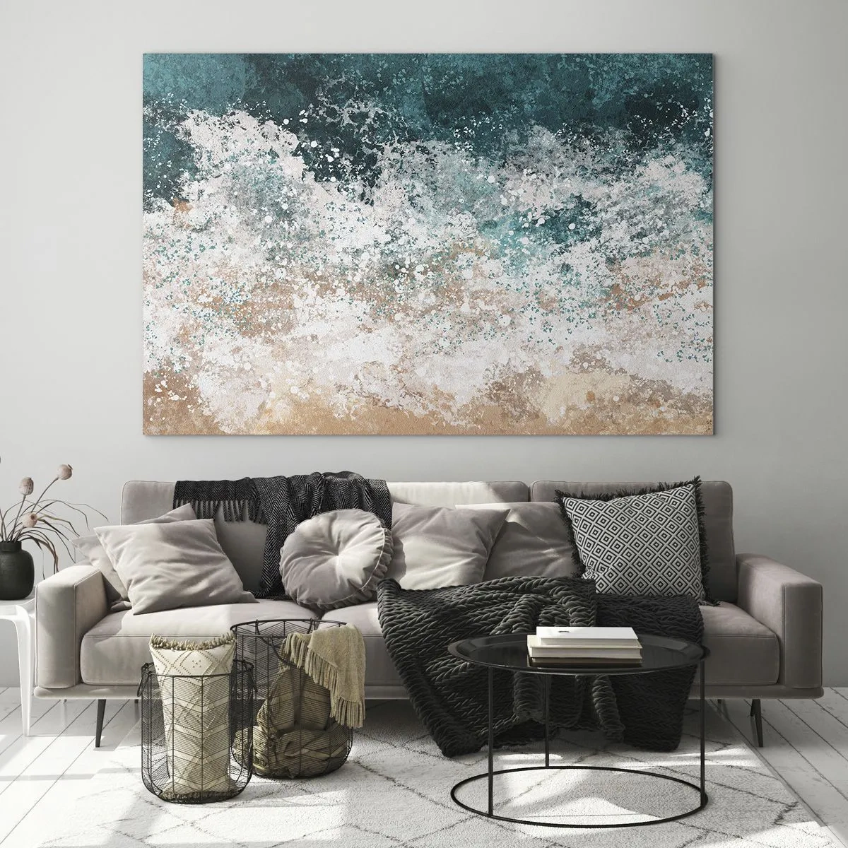 Schilderen op glas - Abstracte zeegolf in tinten turquoise, wit en zandbeige - 70x50cm - Zeeverhalen - Moderne wanddecoratie voor woonkamer en slaapkamer ARTTOR