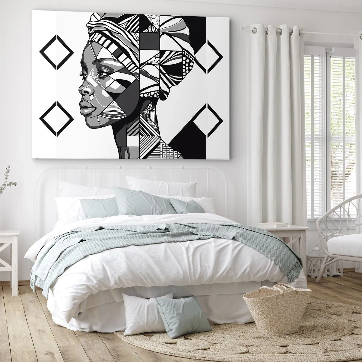 Schilderen op canvas - Zwart-witportret van een vrouw in etnische stijl - 70x50cm - Etnisch portret - Moderne wanddecoratie voor woonkamer en slaapkamer ARTTOR