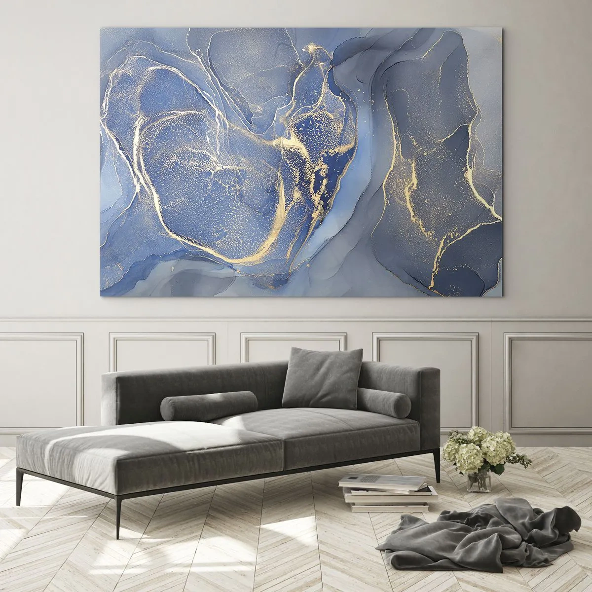 Schilderen op glas - Een abstracte compositie in tinten marineblauw en goud - 70x50cm - Goudstof - Moderne wanddecoratie voor woonkamer en slaapkamer ARTTOR
