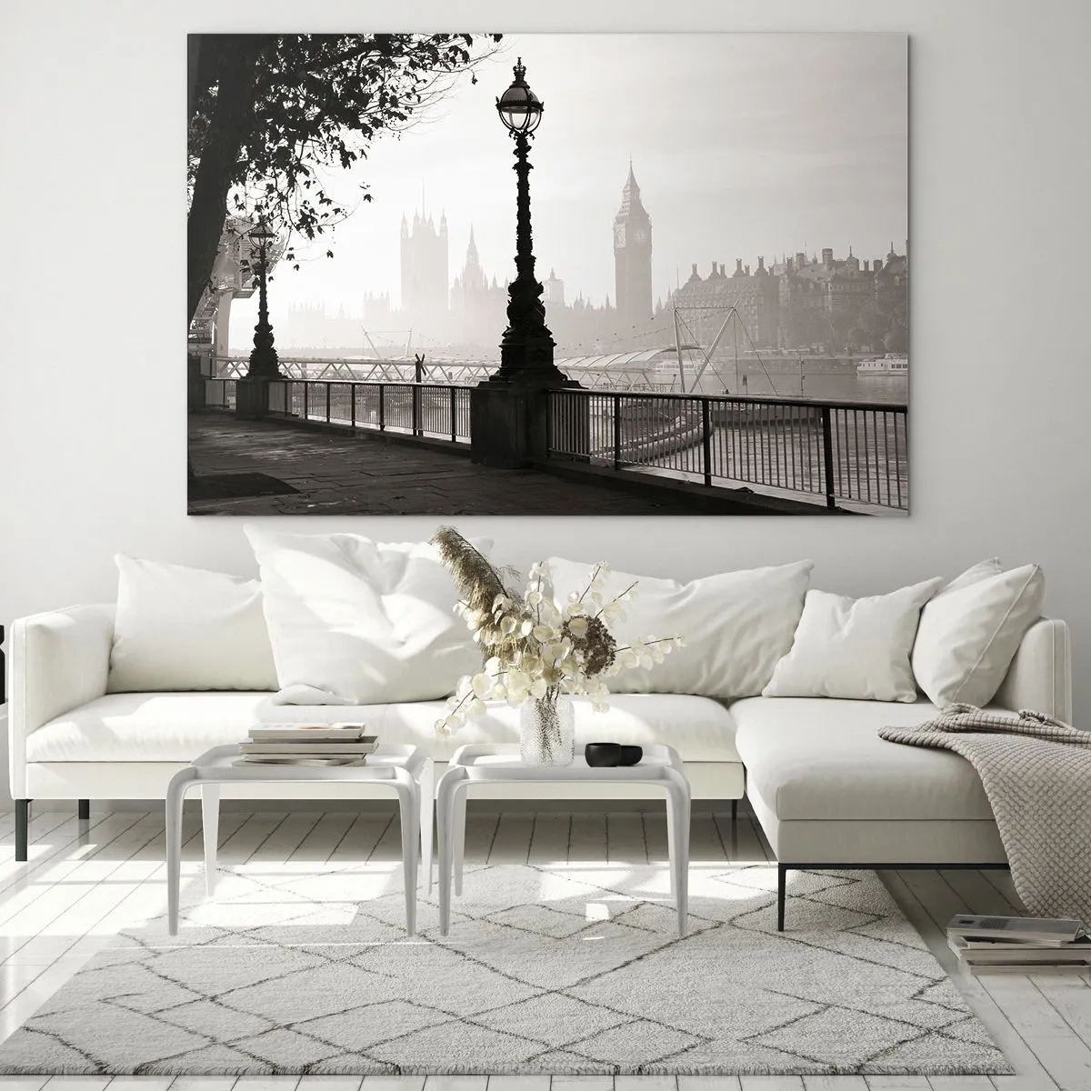 Schilderen op glas - Zwart-witfoto van de promenade van Londen met de Big Ben - 70x50cm - Ochtend in Londen - Moderne wanddecoratie voor woonkamer en slaapkamer ARTTOR