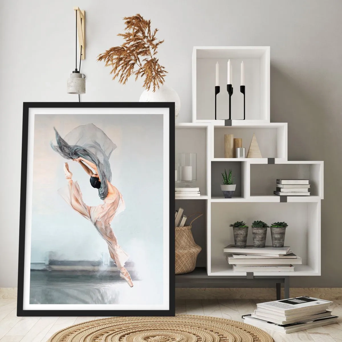 Poster in een zwarte lijst - Een ballerina danst met een delicate sjaal tegen een lichte achtergrond - 50x70cm - In dans vervoering - Moderne wanddecoratie voor woonkamer en slaapkamer ARTTOR