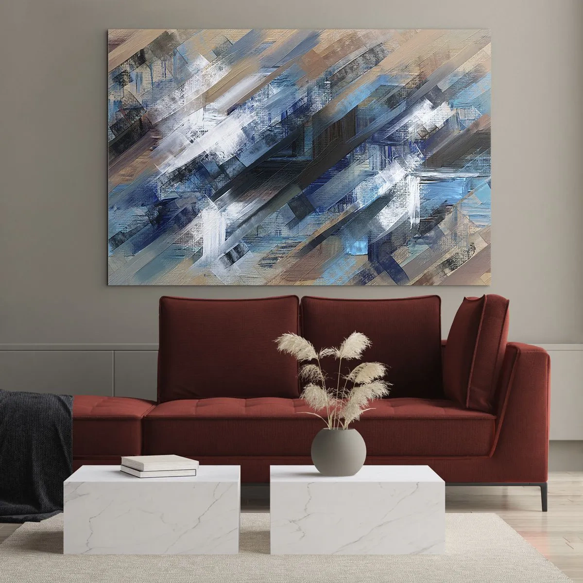 Schilderen op glas - Abstracte diagonale strepen in tinten blauw, wit en beige - 70x50cm - Op een blauwe diagonaal - Moderne wanddecoratie voor woonkamer en slaapkamer ARTTOR