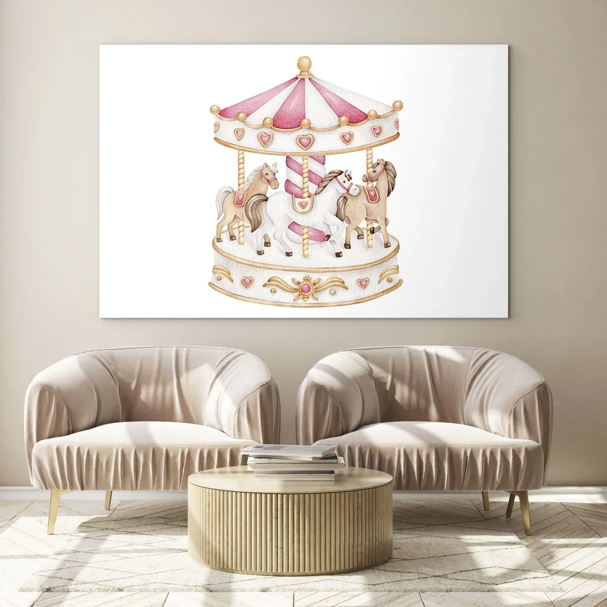 Schilderen op glas - Een roze draaimolen met kinderpaarden op een witte achtergrond - 70x50cm - De zoete kinderwereld - Moderne wanddecoratie voor woonkamer en slaapkamer ARTTOR