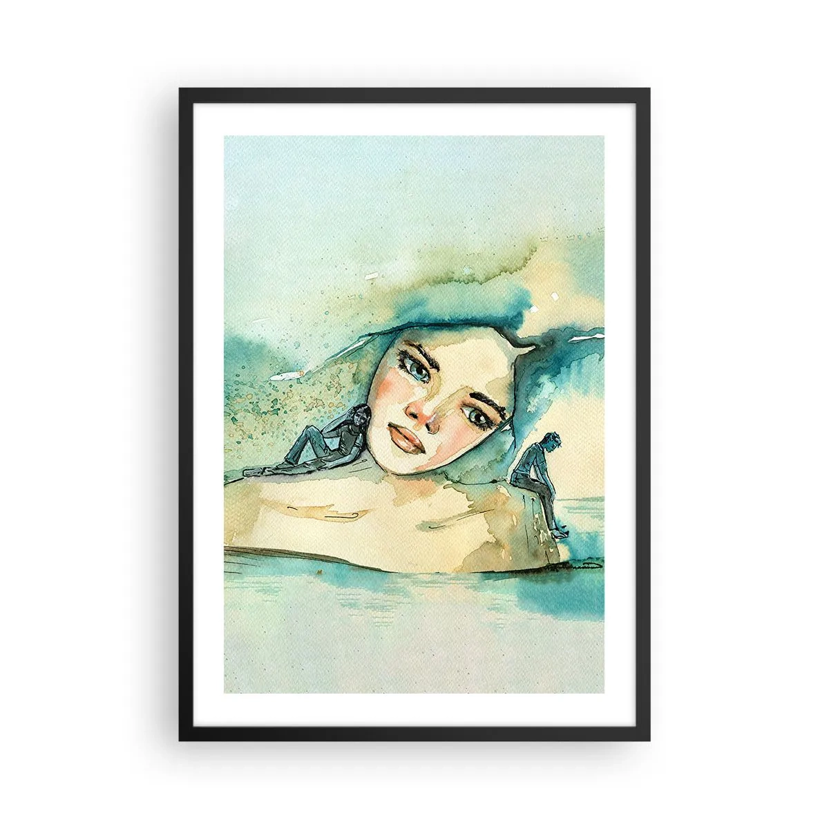 Poster in een zwarte lijst - Portret van een vrouw in artistieke aquarelstijl - 50x70cm - Ben ik blauw? - Moderne wanddecoratie voor woonkamer en slaapkamer ARTTOR