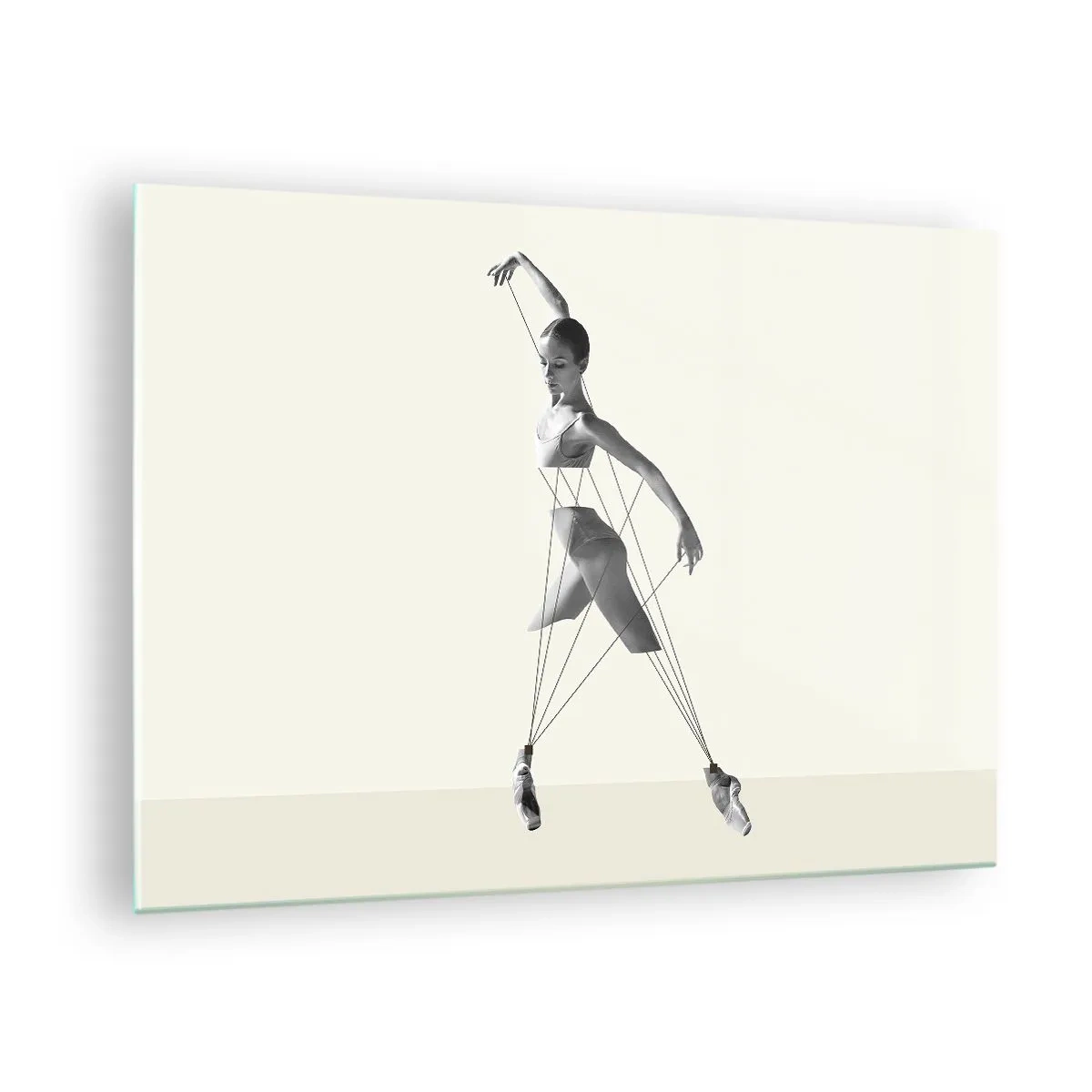 Schilderen op glas - Zwart-wit silhouet van een ballerina met een geometrisch lijnenmotief - 70x50cm - In het theater van de wereld - Moderne wanddecoratie voor woonkamer en slaapkamer ARTTOR