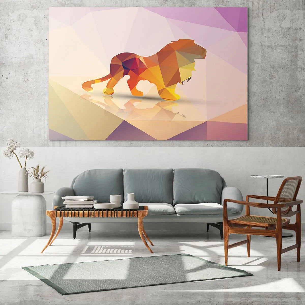 Schilderen op glas - Geometrische leeuw in kleurrijke abstractie - 70x50cm - De diamanten koning - Moderne wanddecoratie voor woonkamer en slaapkamer ARTTOR