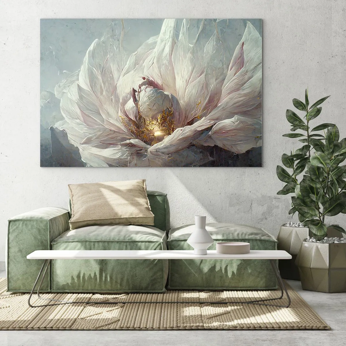 Schilderen op glas - Een bloeiende bloem in delicate grijstinten en goud - 70x50cm - Hij bloeit eens in de honderd jaar - Moderne wanddecoratie voor woonkamer en slaapkamer ARTTOR