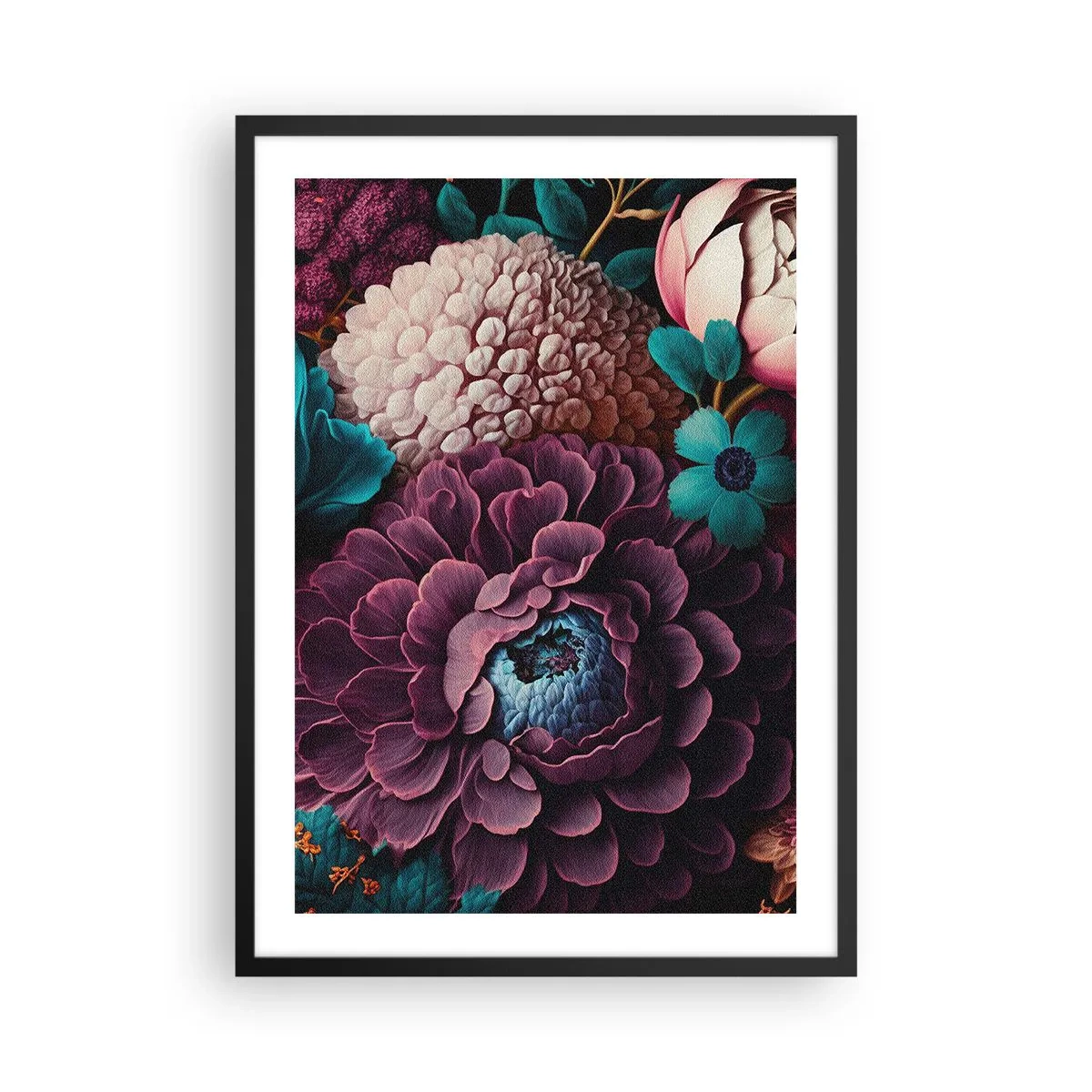 Poster in een zwarte lijst - Een bloemstuk in diepe tinten - 50x70cm - Natuur in overvloed - Moderne wanddecoratie voor woonkamer en slaapkamer ARTTOR