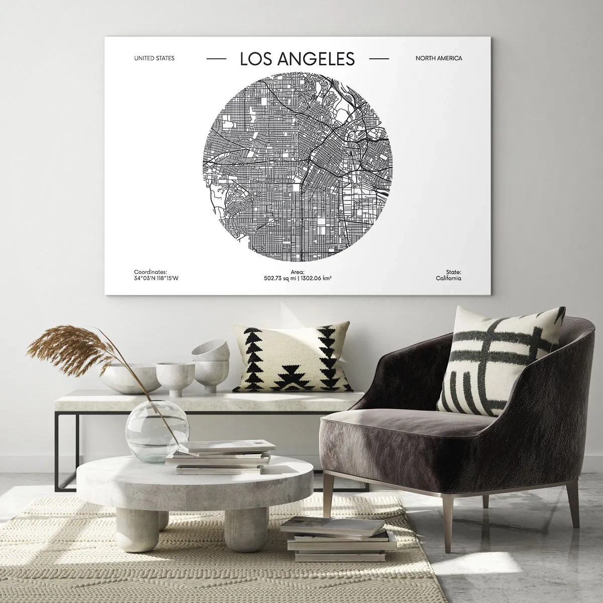 Schilderen op glas - Een minimalistische zwart-witkaart van Los Angeles. - 70x50cm - Anatomie van Los Angeles - Moderne wanddecoratie voor woonkamer en slaapkamer ARTTOR