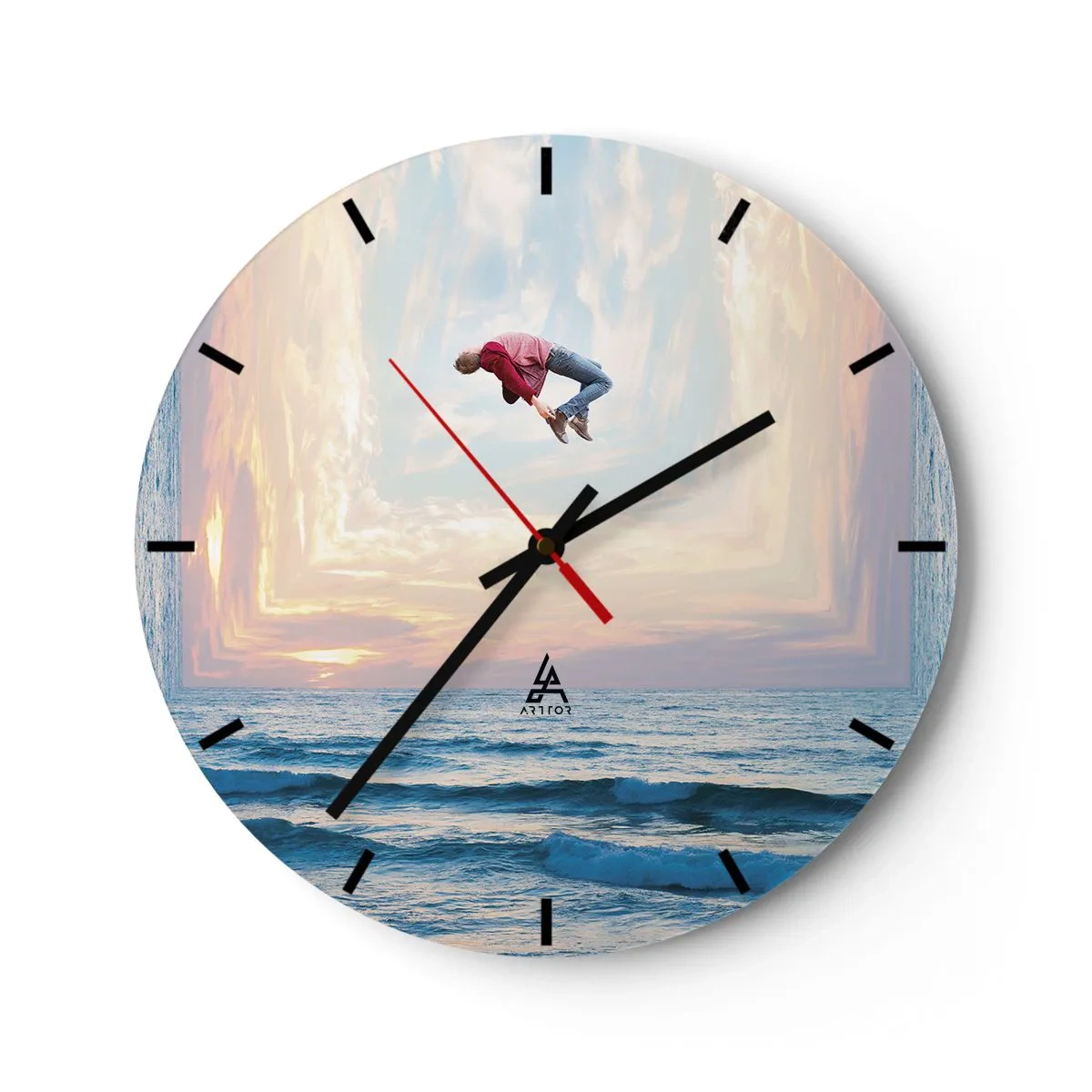 Wandklok - Klok - Een springende figuur aan zee in een surrealistisch landschap - 30x30cm - Naar een andere dimensie - Moderne wanddecoratie voor woonkamer, keuken en slaapkamer ARTTOR