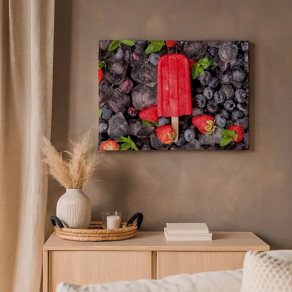 Schilderen op canvas - Rode ijslolly omringd door fruit en ijs - 70x50cm - De smaak van hete zomer - Moderne wanddecoratie voor woonkamer en slaapkamer ARTTOR