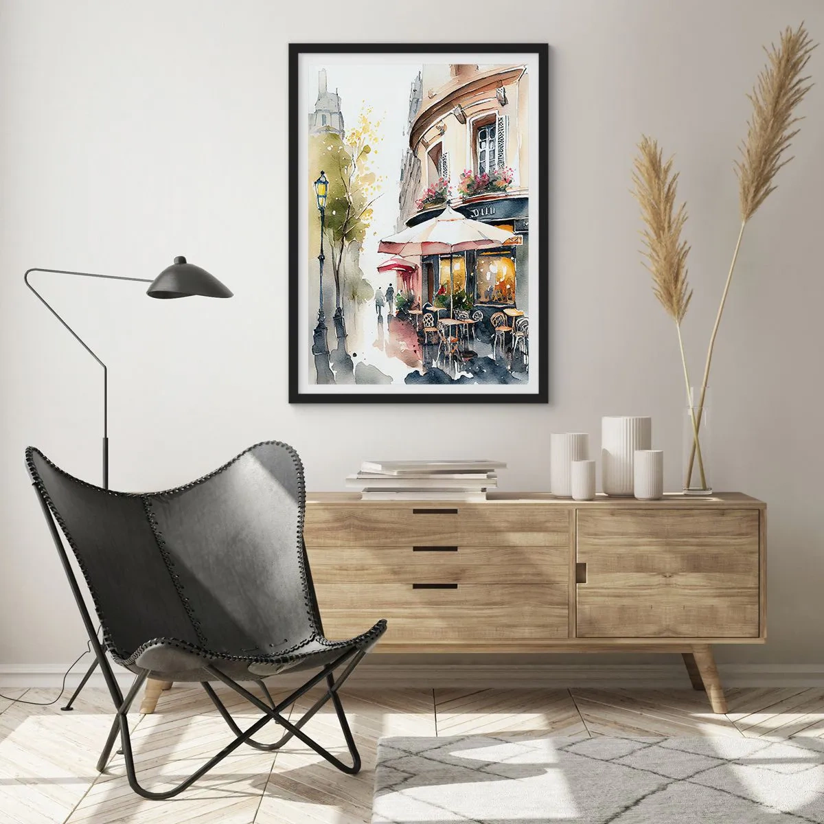 Poster in een zwarte lijst - Een café in een pittoresk straatje in Europese stijl - 50x70cm - Parijse ochtend - Moderne wanddecoratie voor woonkamer en slaapkamer ARTTOR