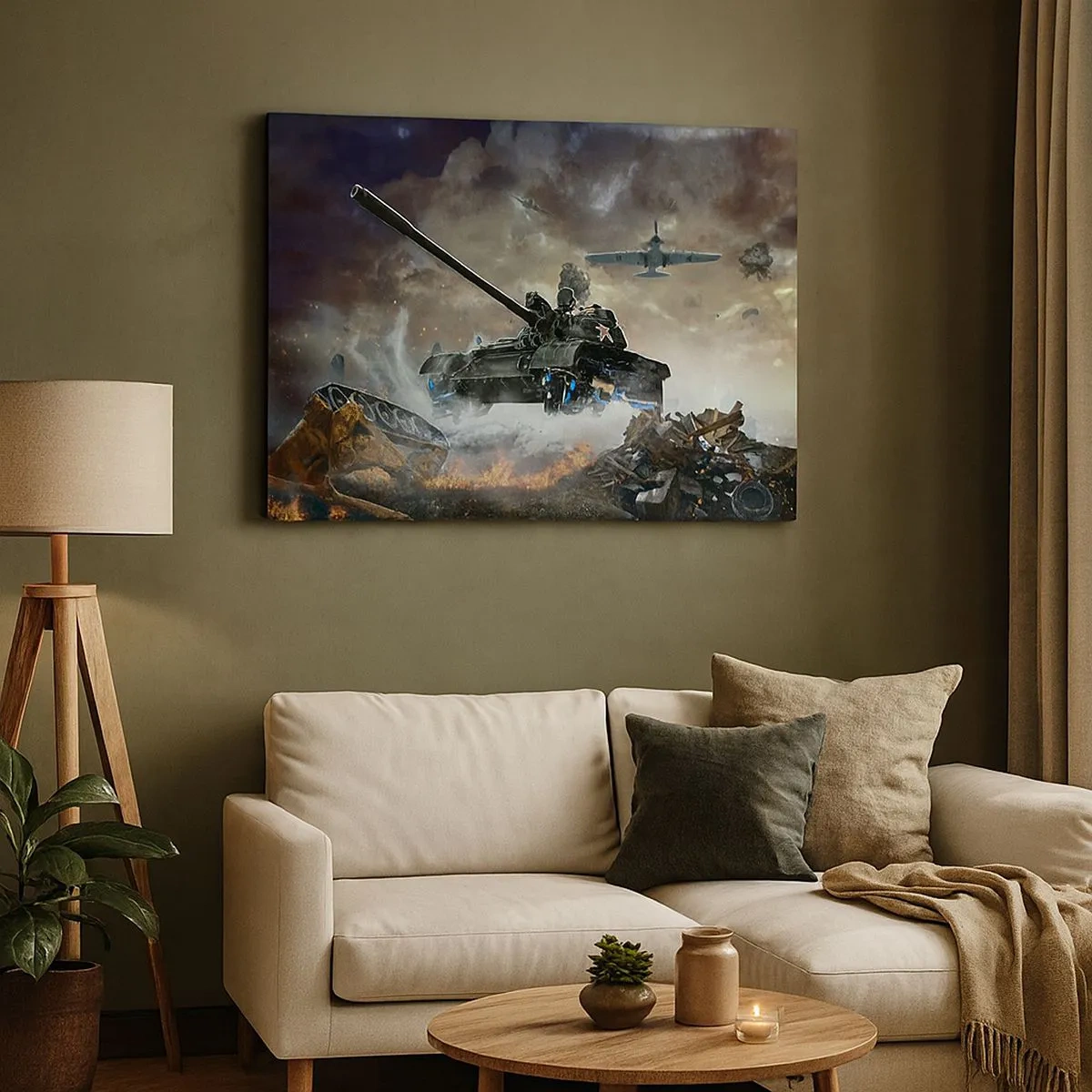 Schilderen op canvas - Gevechtsscène met tanks en vliegtuigen op de achtergrond - 70x50cm - De strijd is verschrikkelijk en mooi - Moderne wanddecoratie voor woonkamer en slaapkamer ARTTOR