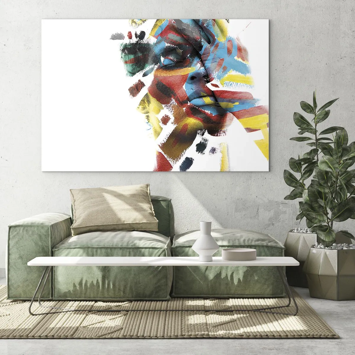 Schilderen op glas - Portret met abstracte, kleurrijke accenten op het gezicht - 70x50cm - Een kleurrijke persoonlijkheid - Moderne wanddecoratie voor woonkamer en slaapkamer ARTTOR