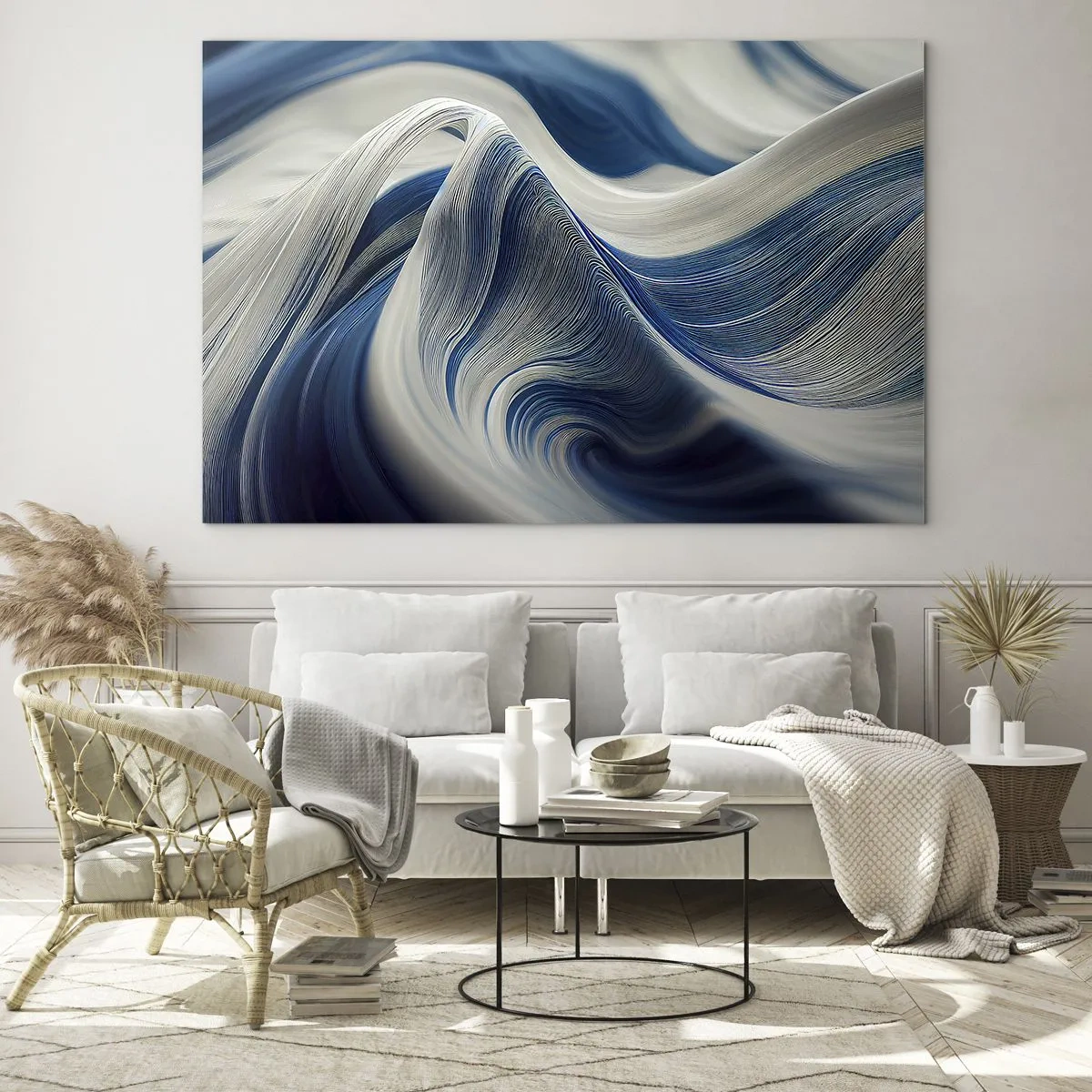 Schilderen op glas - Dynamische abstractie in tinten blauw en wit - 70x50cm - De vloeibaarheid van blauw en wit - Moderne wanddecoratie voor woonkamer en slaapkamer ARTTOR