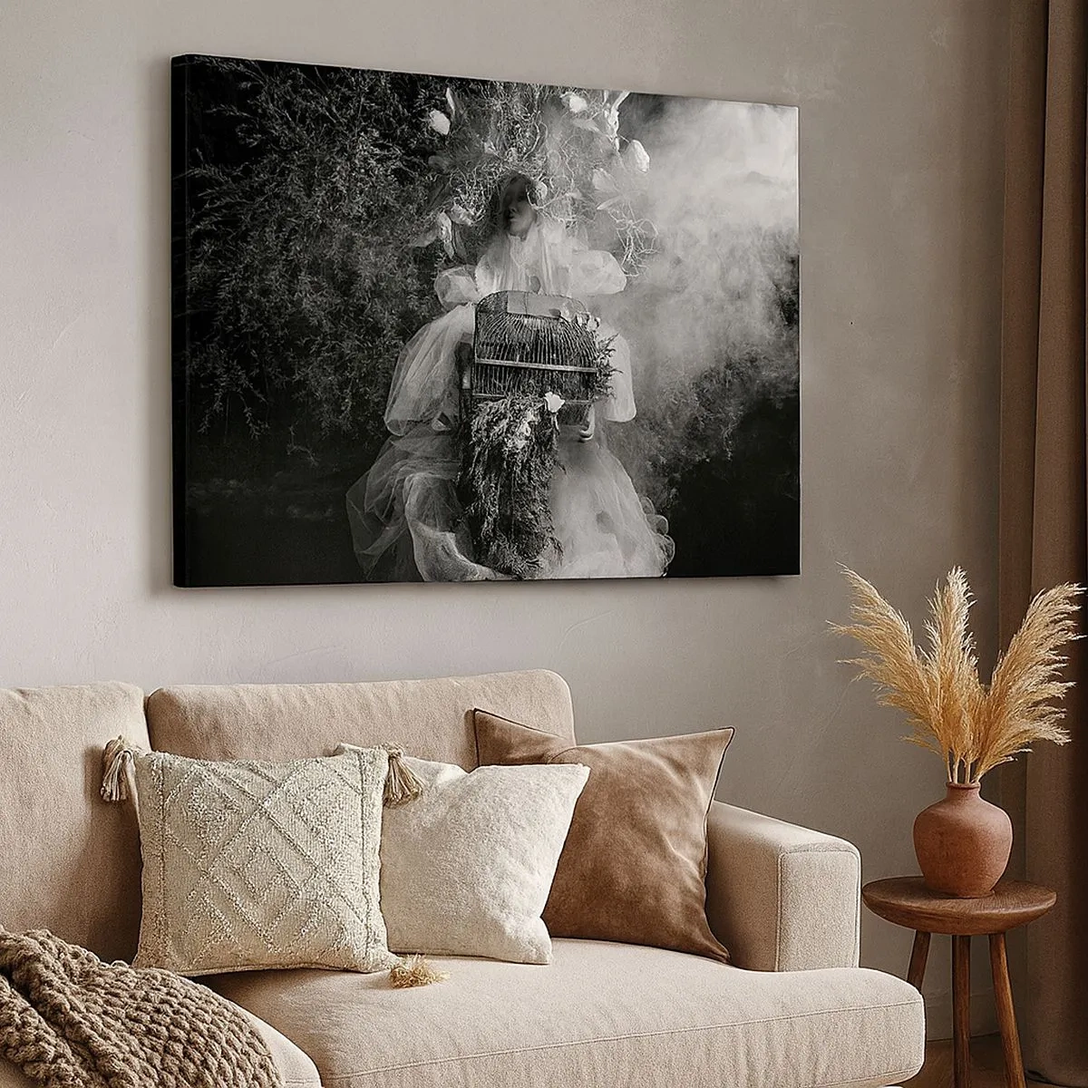 Schilderen op canvas - Een zwart-witcompositie met een figuur in een jurk en een kooi in de mist. - 70x50cm - Moeder zelf - Natuur - Moderne wanddecoratie voor woonkamer en slaapkamer ARTTOR