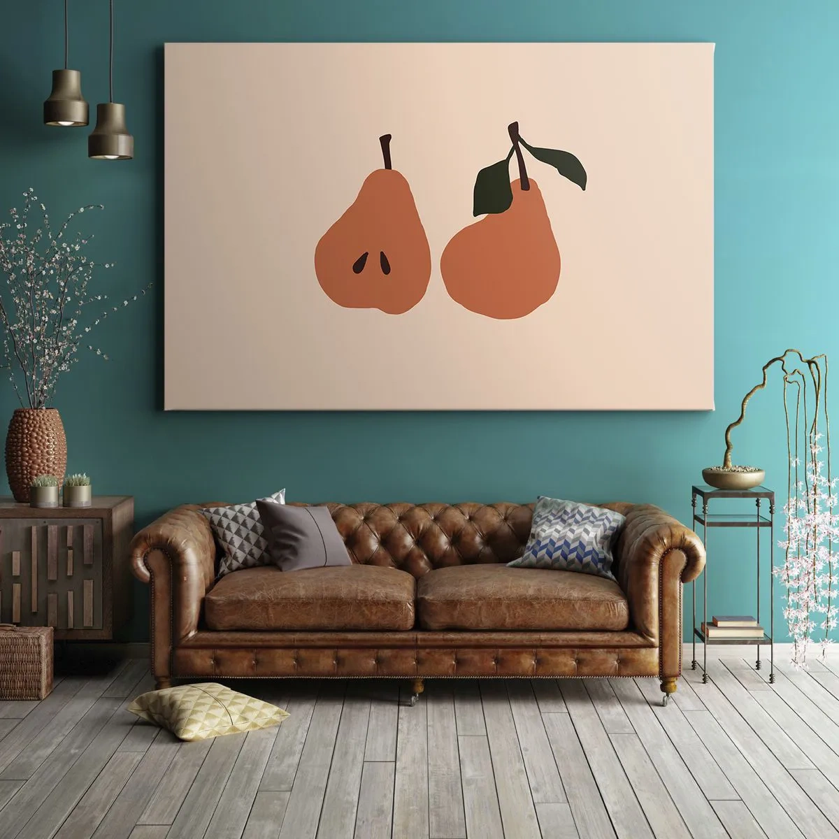 Schilderen op canvas - Een minimalistische illustratie van twee peren op een beige achtergrond. - 70x50cm - Zoetheid zelf - Moderne wanddecoratie voor woonkamer en slaapkamer ARTTOR