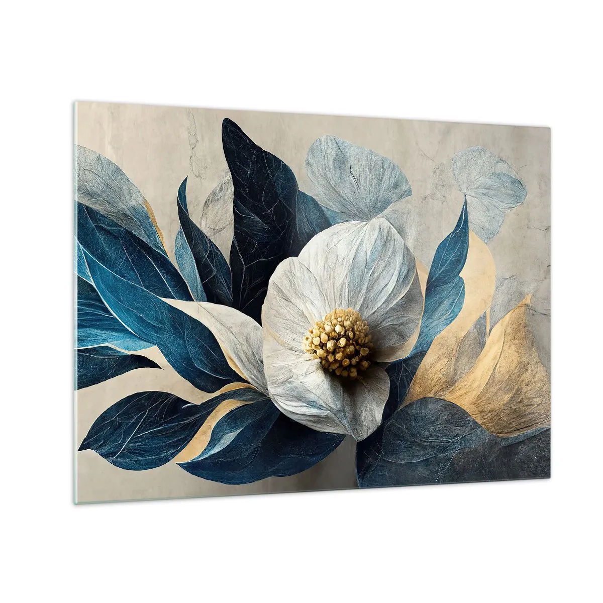 Schilderen op glas - Een wit bloemstuk met marineblauwe bladeren en een gouden hart - 70x50cm - Hij heeft een hart van goud - Moderne wanddecoratie voor woonkamer en slaapkamer ARTTOR