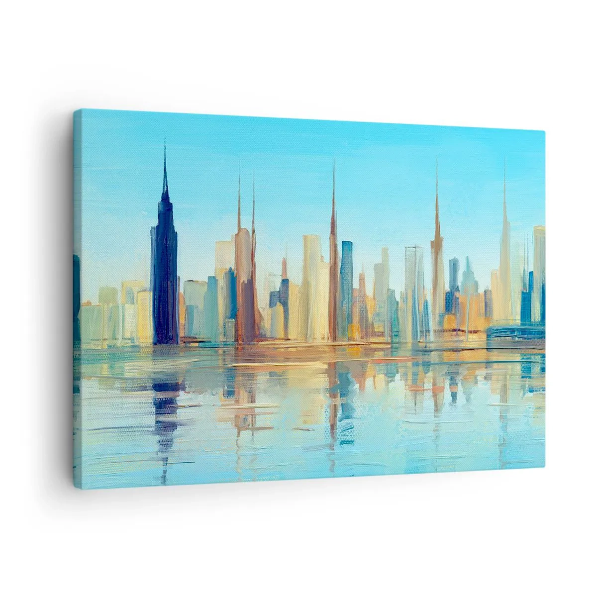 Schilderen op canvas - Een panorama van de stad in warme kleuren met weerspiegeling in het water - 70x50cm - Een zonnige metropool - Moderne wanddecoratie voor woonkamer en slaapkamer ARTTOR
