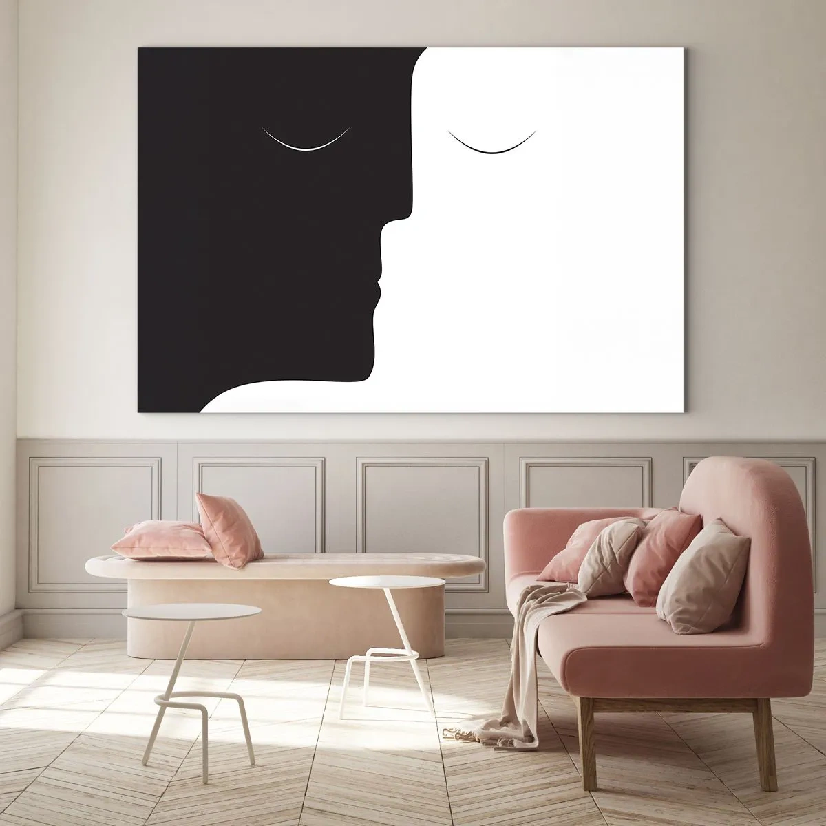 Schilderen op glas - Minimalistische zwart-witte gezichten die een eenheid vormen - 70x50cm - Eenheid van tegenstellingen - Moderne wanddecoratie voor woonkamer en slaapkamer ARTTOR