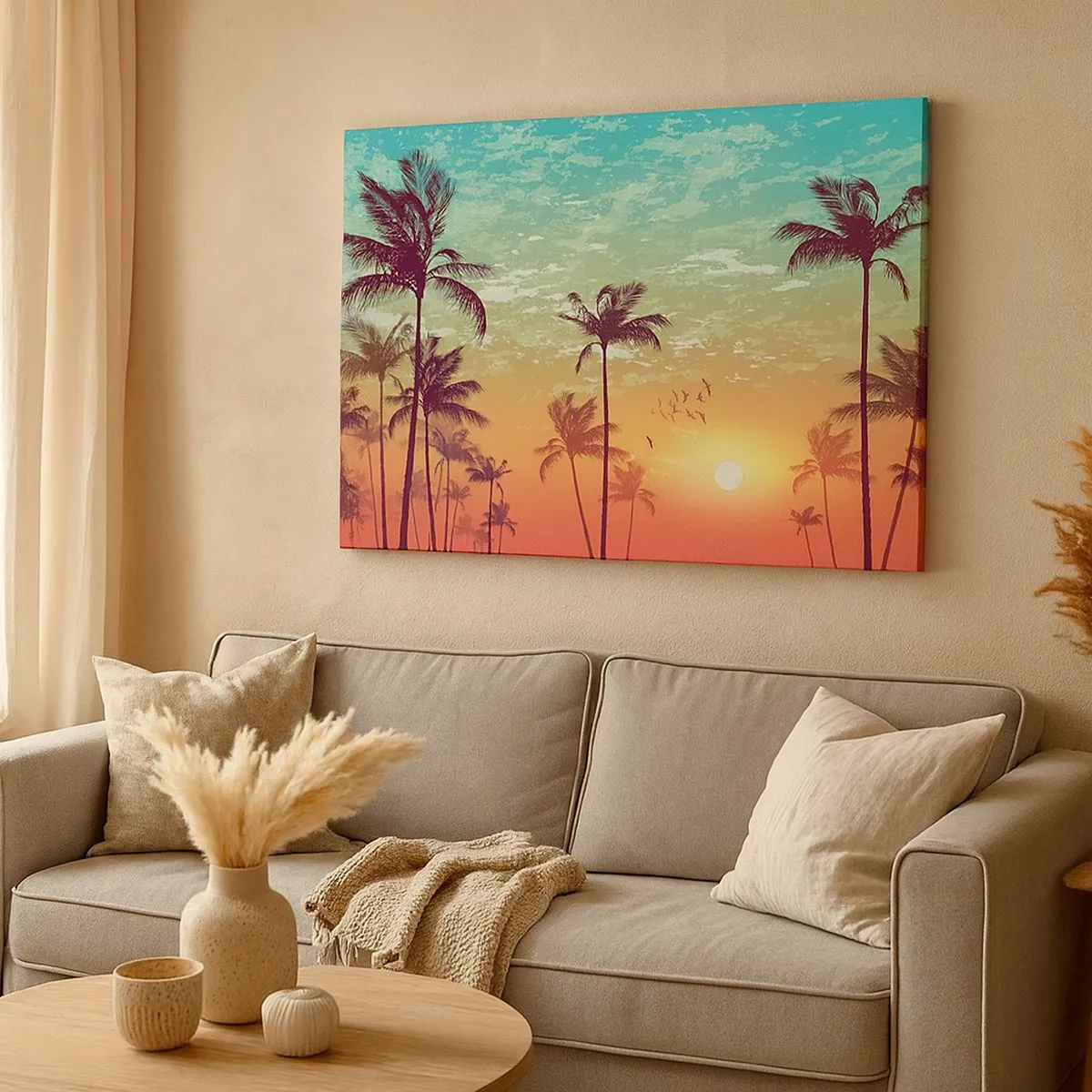 Schilderen op canvas - Zonsondergang met palmbomen tegen een kleurrijke lucht - 70x50cm - Tropische sferen - Moderne wanddecoratie voor woonkamer en slaapkamer ARTTOR