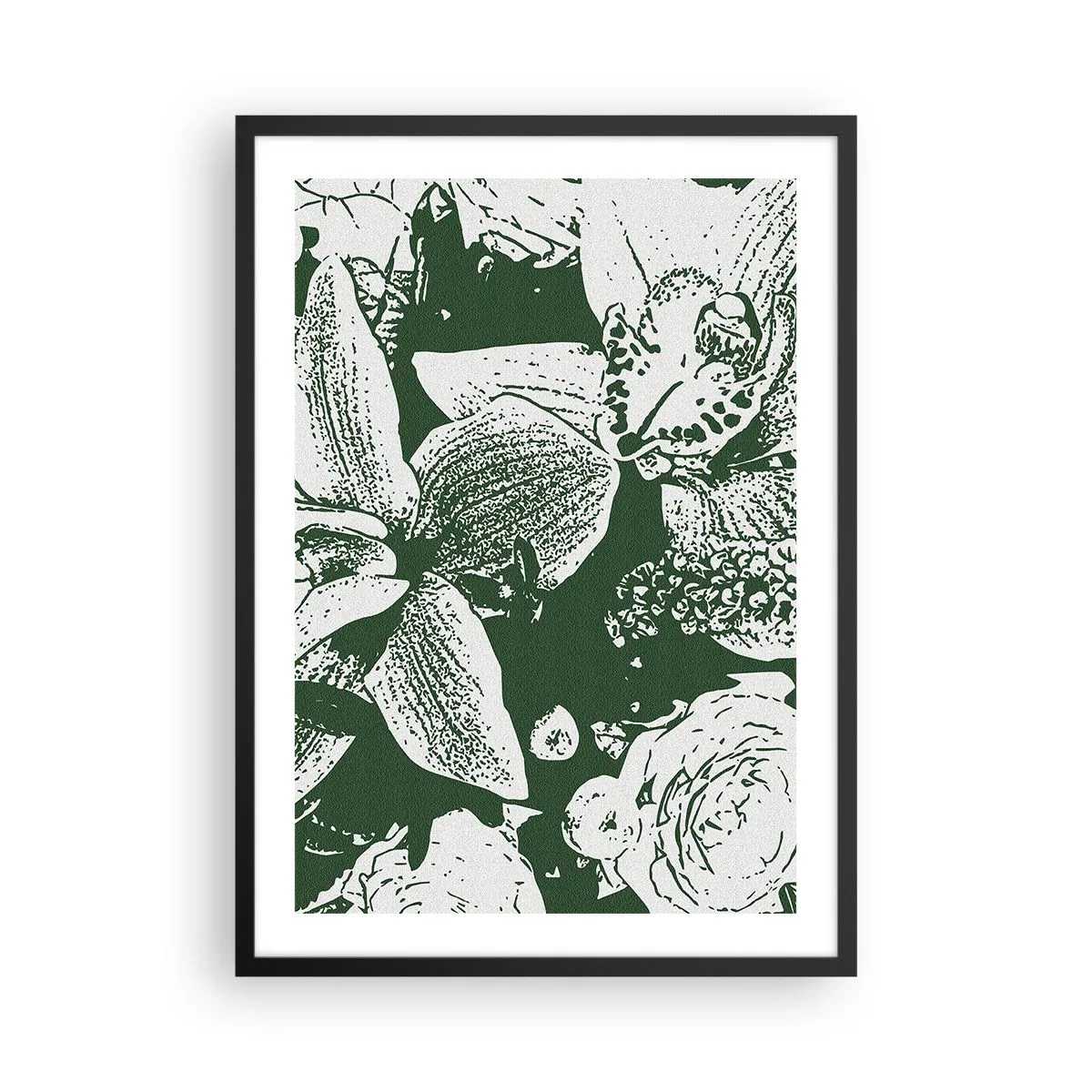 Poster in een zwarte lijst - Botanische illustratie van bloemen en bladeren in contrasterende kleuren - 50x70cm - Boeket - de wereld van groen - Moderne wanddecoratie voor woonkamer en slaapkamer ARTTOR