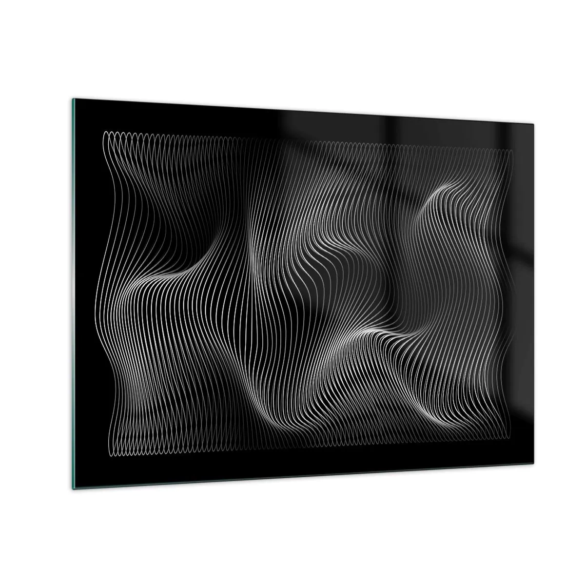 Schilderen op glas - Hypnotiserende witte lijnen die rimpelen tegen een zwarte achtergrond - 70x50cm - Dans van licht in de ruimte - Moderne wanddecoratie voor woonkamer en slaapkamer ARTTOR